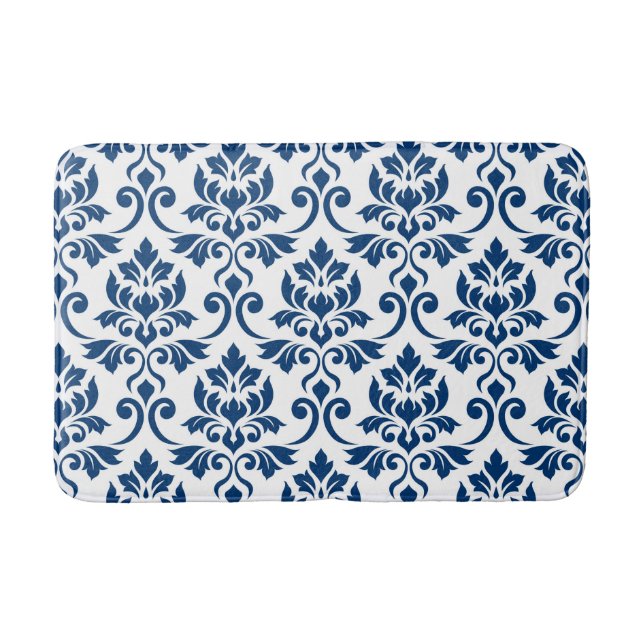 Feuille Damask Pattern Dark Blue on White Bath Mat (Front)