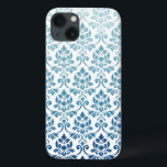 Feuille Damask Pattern Gradient Dk Blue-Teal on Wt iPhone 13 Case<br><div class="desc">Vintage influenced baroque style damask surface pattern design in a gradient colour-way of dark blue detail at the bottom graduating to a light teal-blue at the top on a white background.</div>