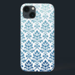 Feuille Damask Pattern Gradient Dk Blue-Teal on Wt iPhone 13 Case<br><div class="desc">Vintage influenced baroque style damask surface pattern design in a gradient colour-way of dark blue detail at the bottom graduating to a light teal-blue at the top on a white background.</div>