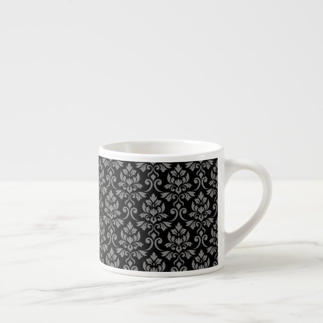 Feuille Damask Pattern Grey on Black Espresso Cup (Right)