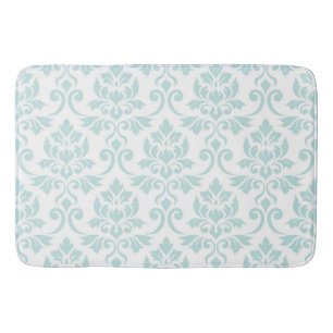 Feuille Damask Pattern Light Teal on White Bath Mat