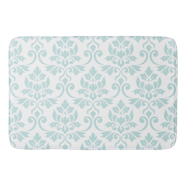 Feuille Damask Pattern Light Teal on White Bath Mat (Front)