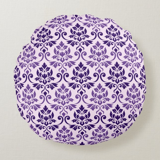 Feuille Damask Pattern Purples on Pink Round Cushion (Front)