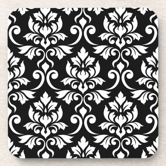 Feuille Damask Pattern White on Black Coaster (Front)