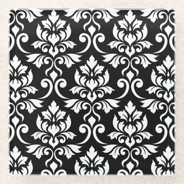 Feuille Damask Pattern White on Black Glass Coaster (Front)
