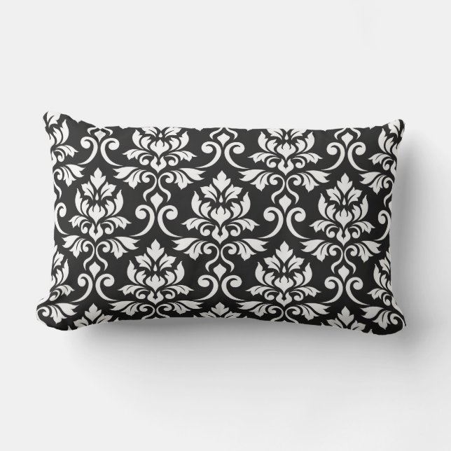 Feuille Damask Pattern White on Black Outdoor Cushion (Front)
