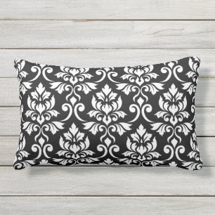 Feuille Damask Pattern White on Black Outdoor Cushion
