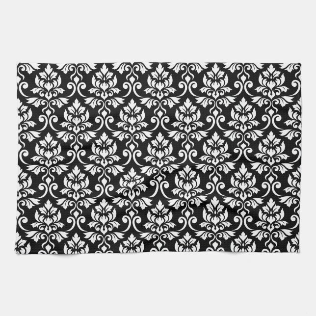 Feuille Damask Pattern White on Black Tea Towel (Horizontal)