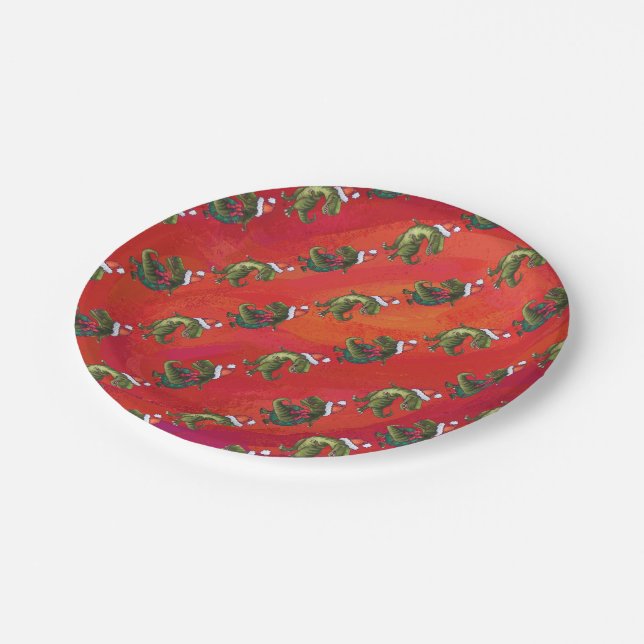 Fextive TRex Dino Pattern on Red Paper Plate (Angled)