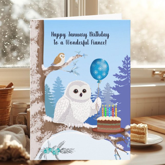 Fiance Happy January Birthday Snowy Owl Card (Creator Uploaded)