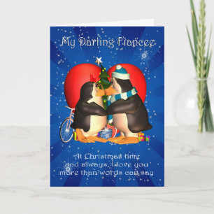 Fiancee Christmas Card With Kissing Penguins Heart