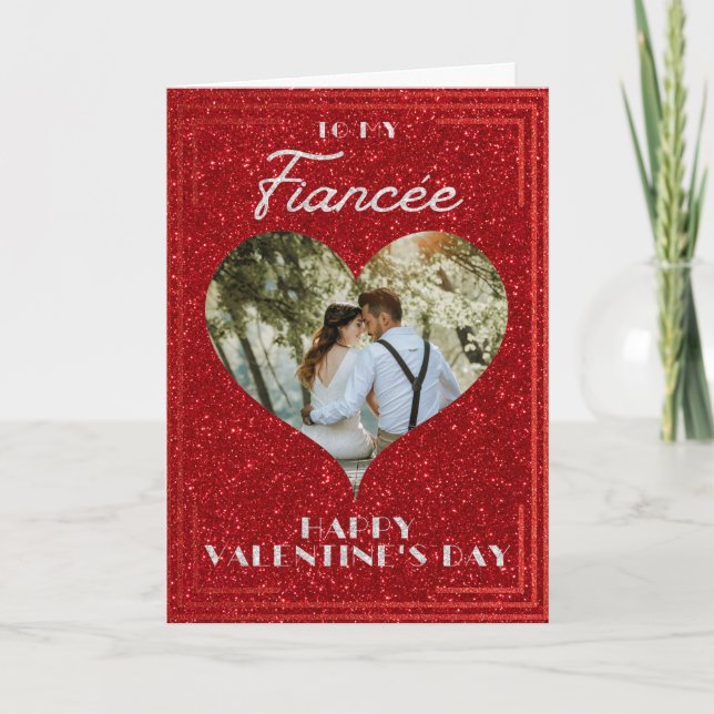 Fiancée Custom Photo Glitter Valentine Card (Front)