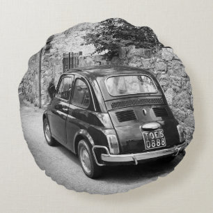 FIAT 500 car in black and white Round Cushion