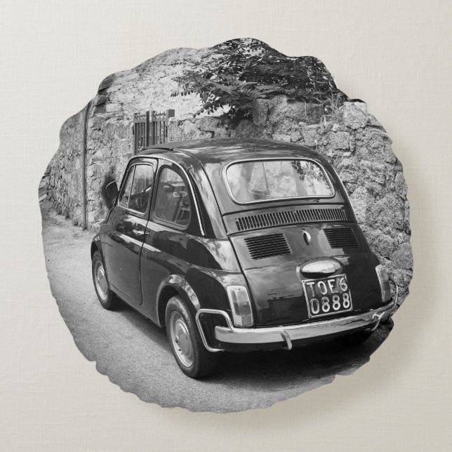 FIAT 500 car in black and white Round Cushion (Back)
