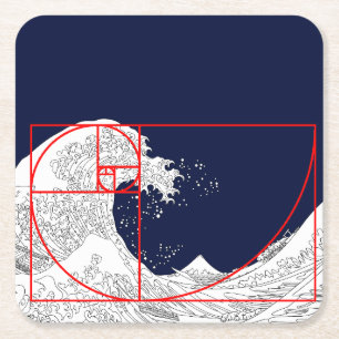 Fibonacci Sequence and The Great Wave Square Paper Coaster