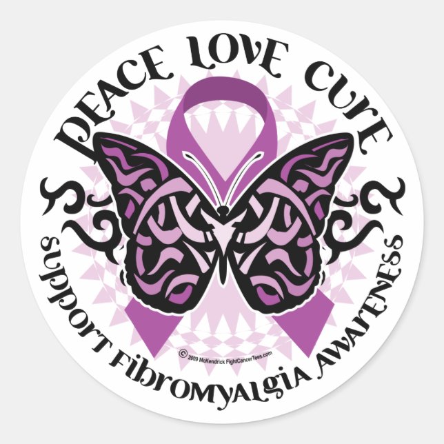Fibromyalgia Butterfly Tribal Classic Round Sticker (Front)