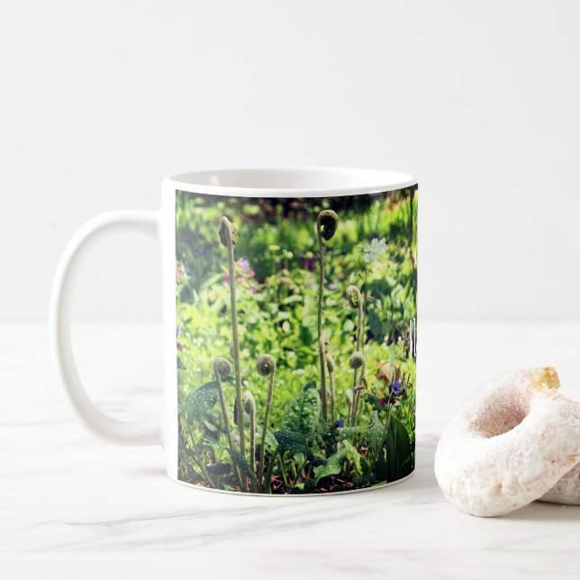 Fiddleheads And Flowers Personalised Coffee Mug (With Donut)
