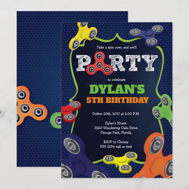 Fidget Spinner Birthday Party Invitation (Front/Back)