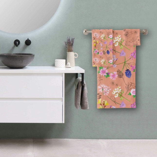 Field flowers, hand-painted in watercolour, orange bath towel set (Field flowers, hand-painted in watercolour, orange bath towel set
)