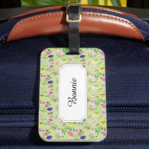 Field flowers in watercolour on green luggage tag