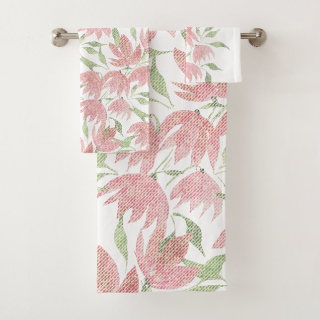 Field Flowers Lace Textured Pink White Bath Towel Set (Insitu)