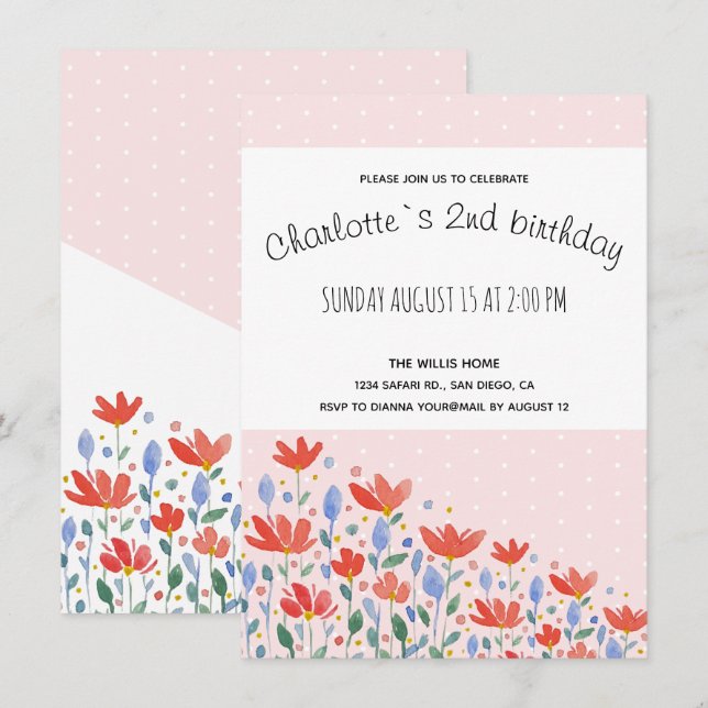Field Flowers Watercolor In Sweet Red And Blue Announcement (Front/Back)