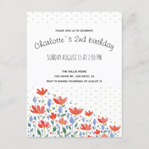 Field Flowers Watercolor In Sweet Red And Blue Announcement Postcard