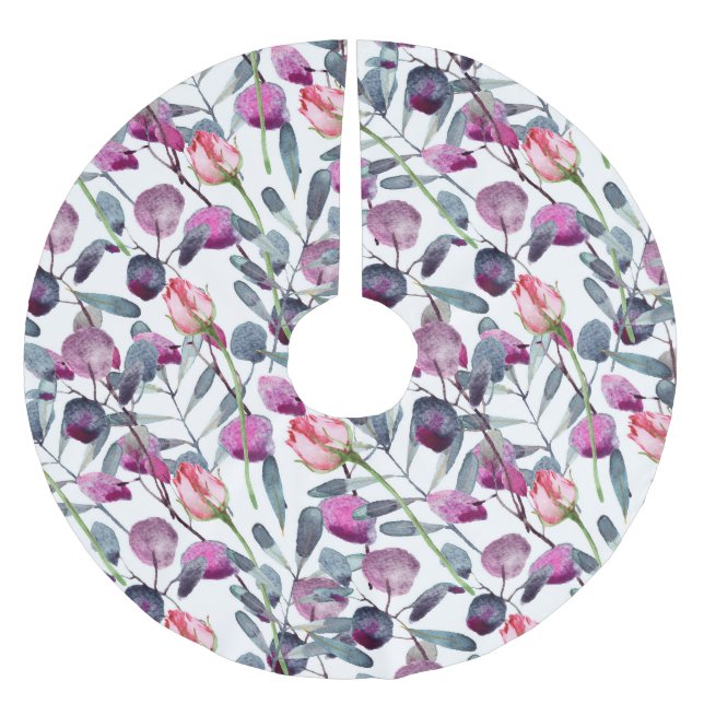 Field Herbs Rosebuds Watercolor Pattern Brushed Polyester Tree Skirt (Front)