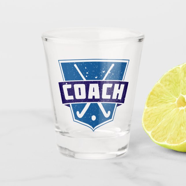 Field Hockey Coach Shield, Blue,  Shot Glass (Front)