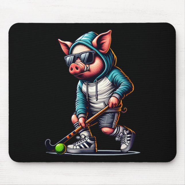 Field Hockey Pig In Hoodie With Sungles Stick  Mouse Pad (Front)