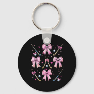 Field Hockey Stick Girl Coquette Bow Pink Mom Key Ring