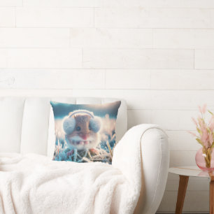 Field Mouse Wearing Earmuffs Cushion