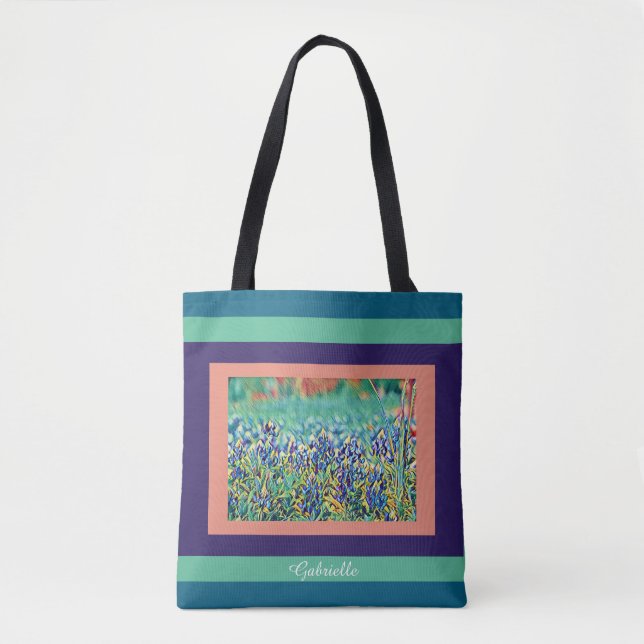 FIeld of bluebonnets, purple, salmon, aqua; w name Tote Bag (Front)