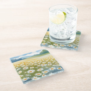 Field of Daisies Flower Meadow Floral Painting Glass Coaster