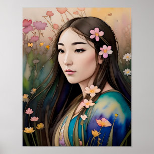 Field of flowers Beautiful Woman flowers in hair  Poster