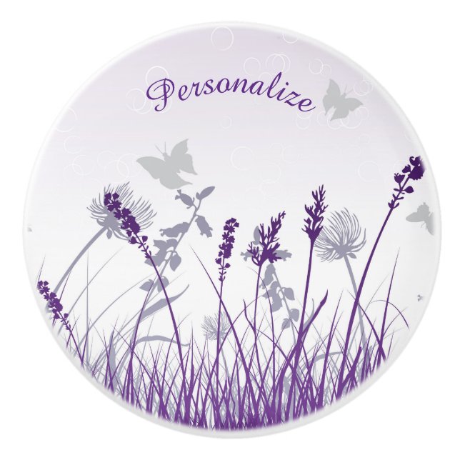 Field of Lavender Flowers Butterflies Personalise Ceramic Knob (Front)