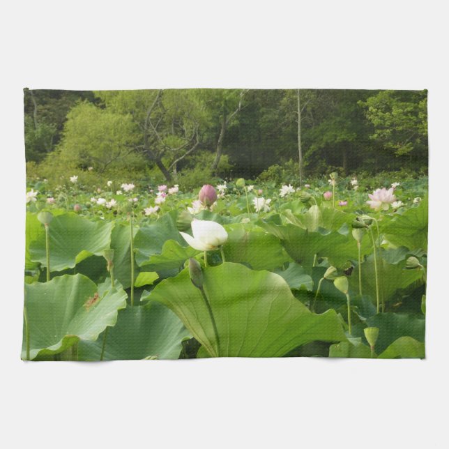 Field of Lotus Flowers Summer Garden Tea Towel (Horizontal)