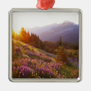Field of lupine and Olympic Mountains at Metal Tree Decoration