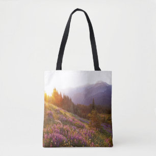 Field of lupine and Olympic Mountains at Tote Bag
