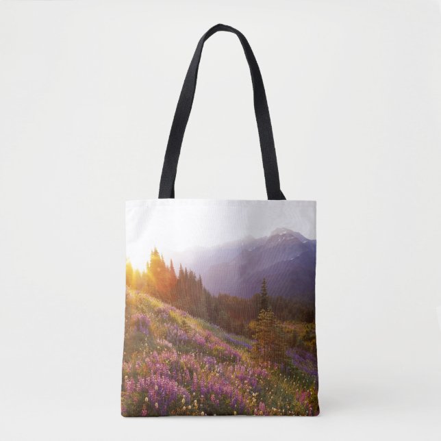 Field of lupine and Olympic Mountains at Tote Bag (Front)