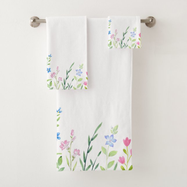 Field of Mixed Watercolor Wildflowers Bath Towel Set (Insitu)