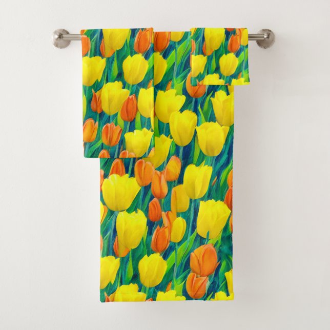 Field of Orange and Yellow Tulips Bath Towel Set (Insitu)