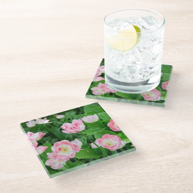 Field of pink tulips glass coaster (Angled)