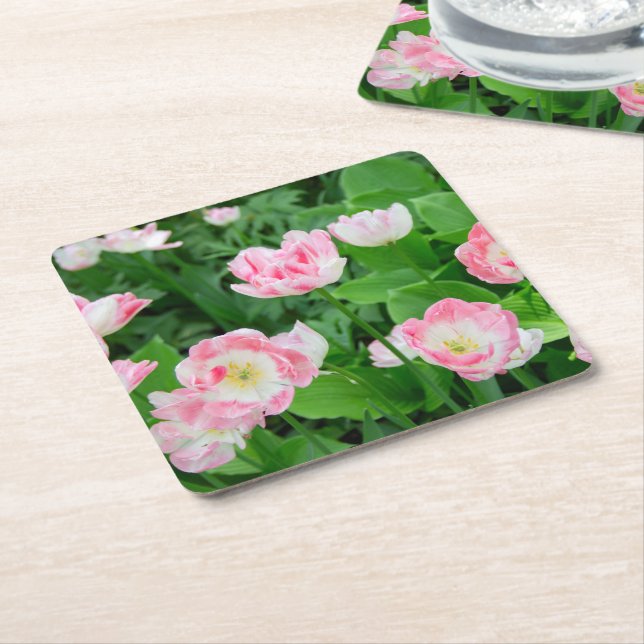 Field of pink tulips square paper coaster (Angled)