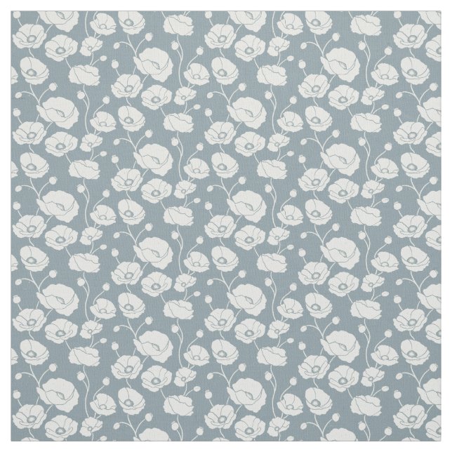 Field of Poppies white on blue Fabric (Swatch)