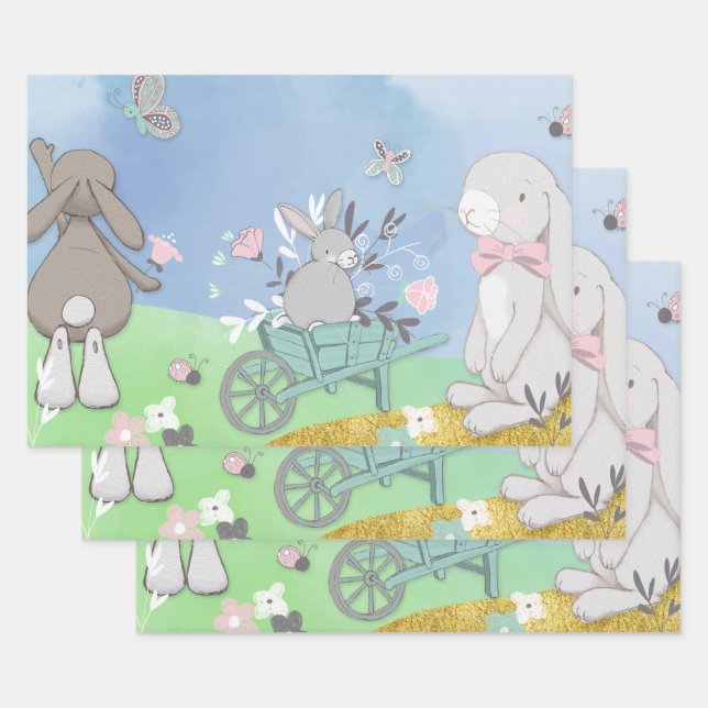 Field of spring bunnies wrapping paper sheet (Set)