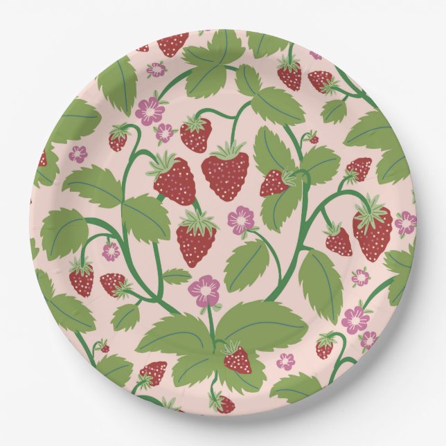 Field of Strawberries on cream background Paper Plate (Front)