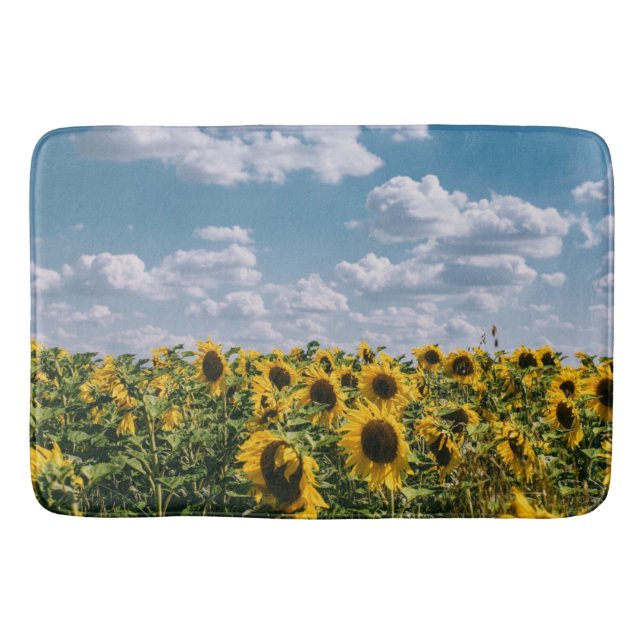 Field Of Sunflower Under Blue Sky With Clouds Bath Mat (Front)