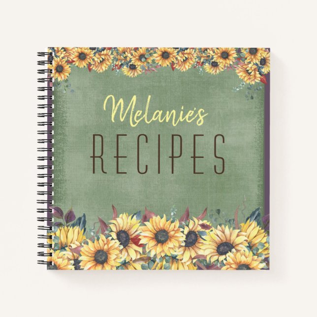 Field of Sunflowers on Green Personalised Recipe Notebook (Front)