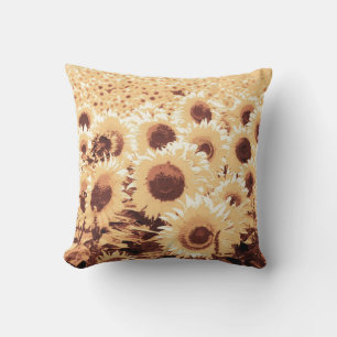Field of Sunflowers - sepia tone, camel & brown Cushion